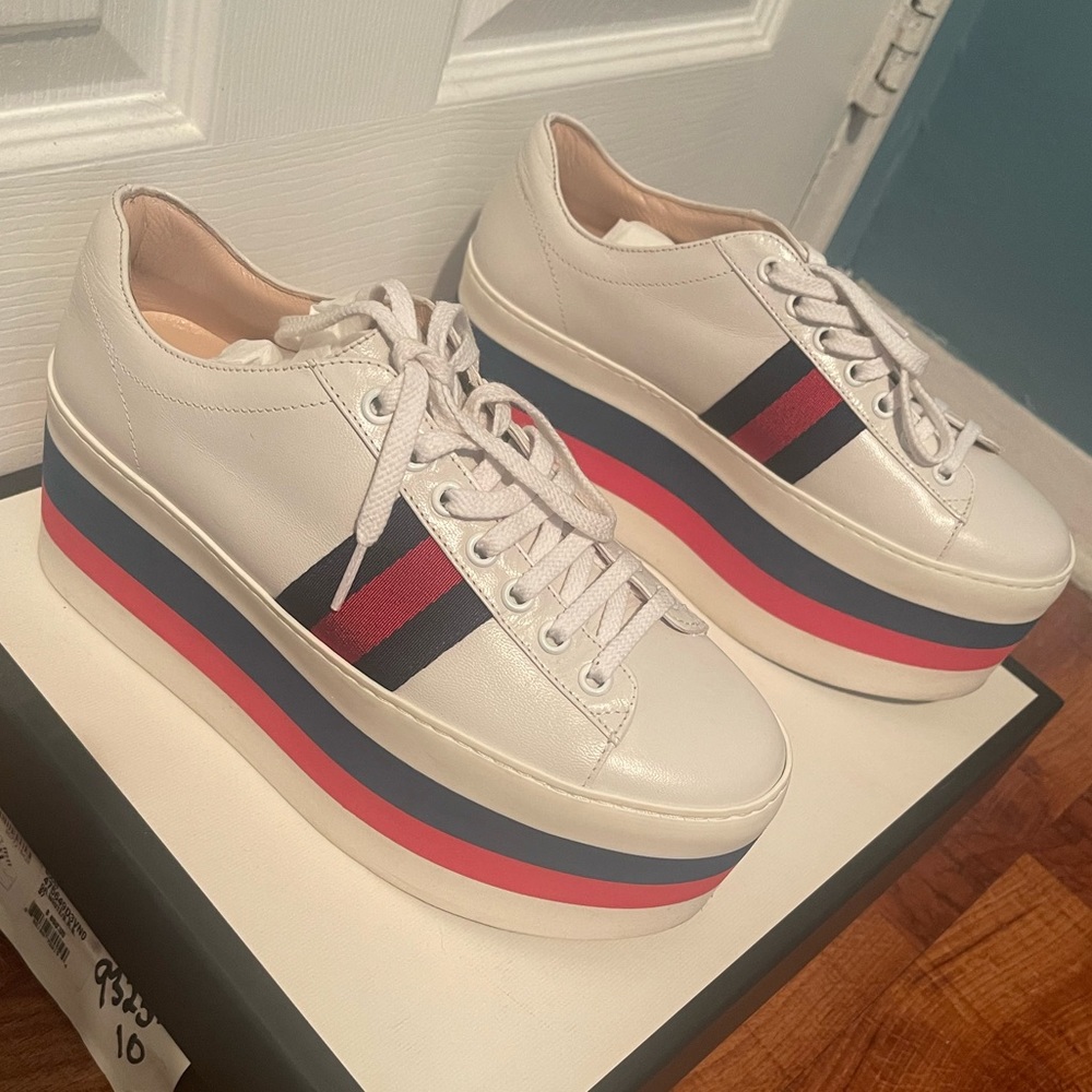 Gucci Sylvie Web Accent Leather Wedge Platform Sneaker White Size 37.5